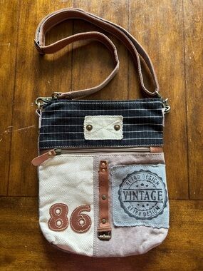 Myra Bag Brown Canvas Crossbody with Printed Lining. Brand new condition